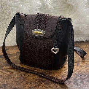 Vintage Brighton Black Brown Leather Croc Pattern Genuine Leather Shoulder Bag